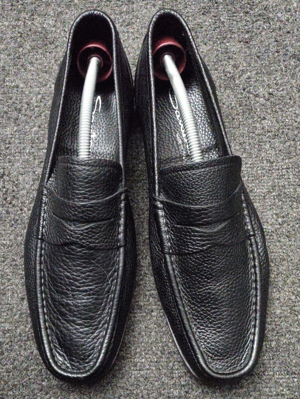 Santoni Black Pebbled Leather Penny Loafers